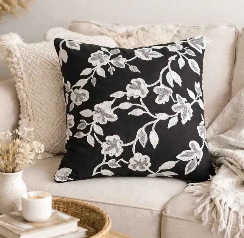 Karl Lagerfeld Paris Embroidered Floral Throw Pillow Blk Wht Textured Boho Decor